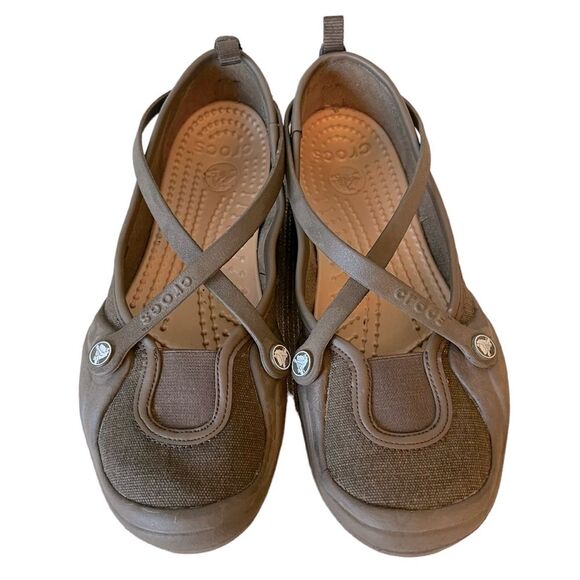 CROCS CELESTE Mary Jane Size 7 Brown Criss Cross Strap Mary Jane Slip On Shoes - Picture 2 of 14